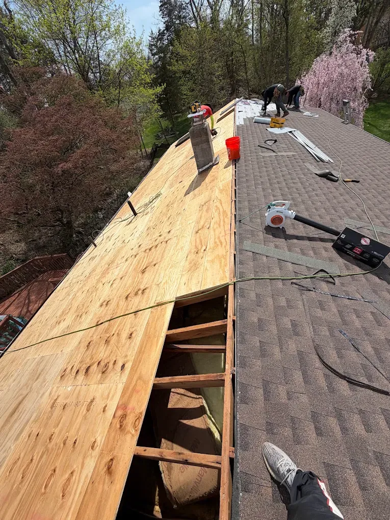 New plywood roof decking being installed over exposed rafters